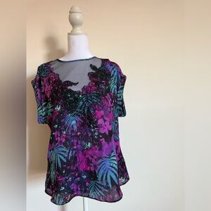 Guess Purple and Green Floral Mesh Blouse